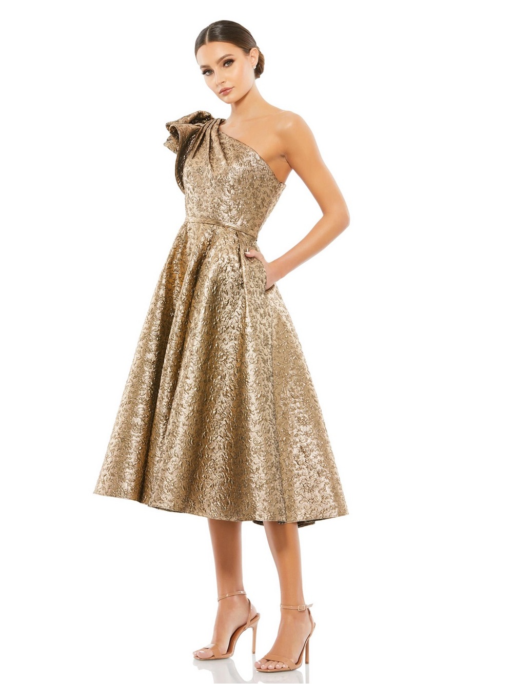 Mac Duggal Metallic Gold One-Shoulder Cocktail Dress